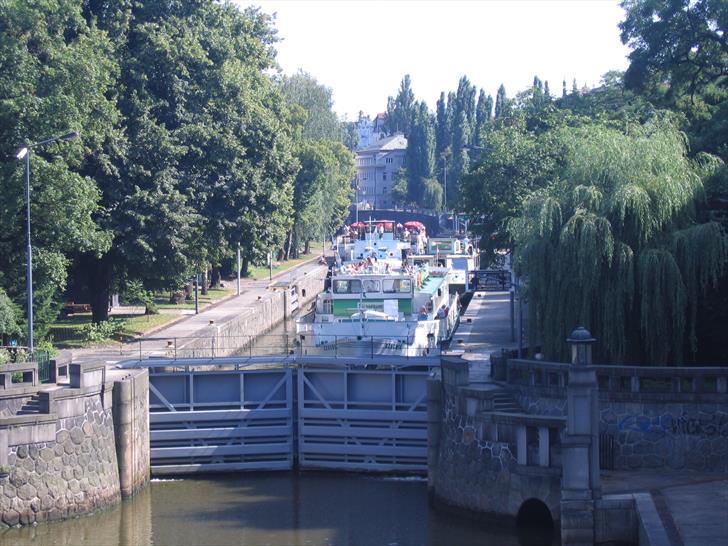 Prague cruise boat in a lock