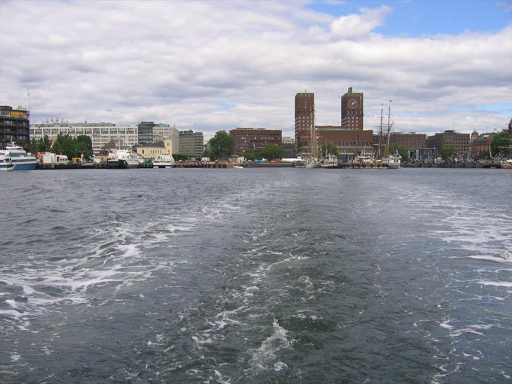 Oslo City Hall as seen from a boat leaving harbour Oslo City Hall from a boat