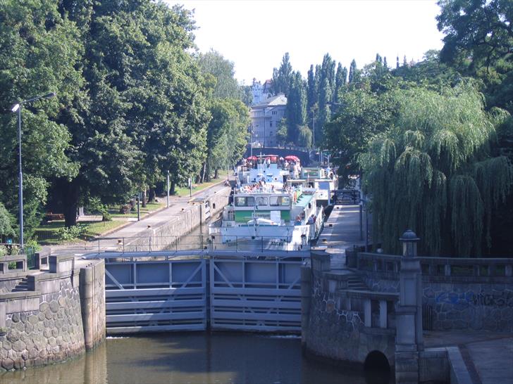 Prague cruise boat waiting in a lock Prague cruise boat in a lock